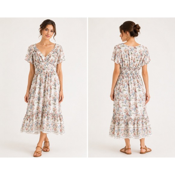 Max Studio Dresses & Skirts - Max Studio Floral Smocked Waist Midi Dress V-Neck Flutter Sleeve Ivory Pink B. M